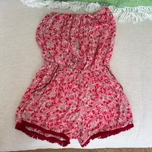 Pink Floral Strapless Romper with Fringe Hem
